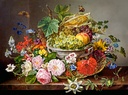 Stilleven met bloemen en fruitmand