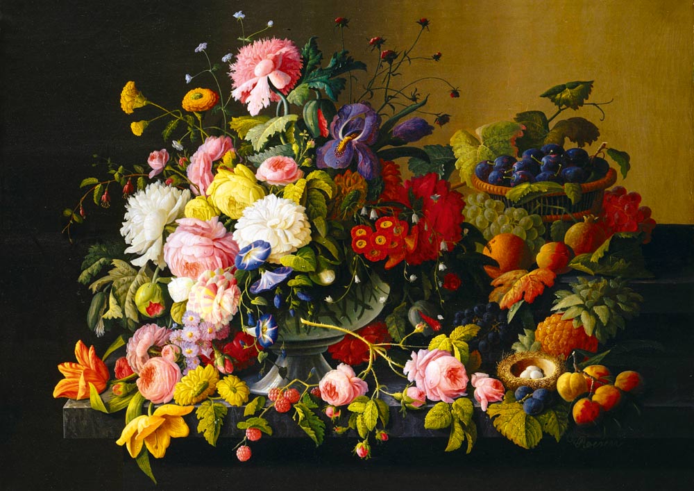 Stilleven, bloemen en fruit