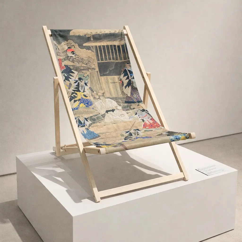 Japanse houten deckstoel met print.webp