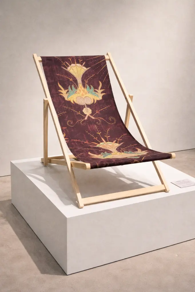 Ornate art nouveau tuinstoel op sokkel.webp