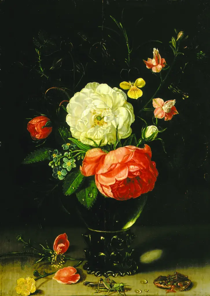 Bloemen in een vaasje met sprinkhaan en kikvors