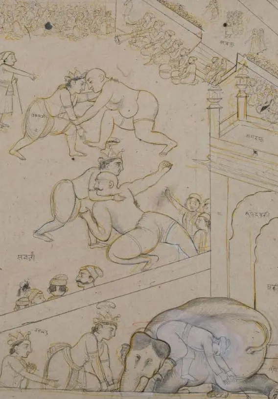 Worstelscene aan het hof van koning Kamsa (detail)