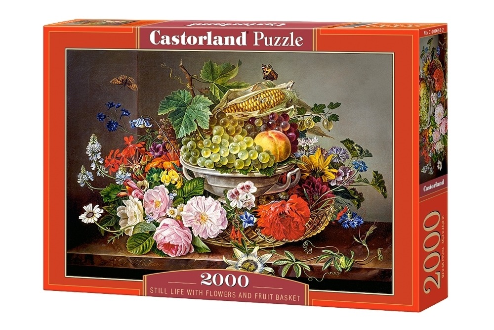 Stilleven met bloemen en fruitmand