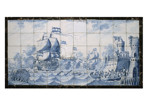 Zeeslag nabij een waterfort tussen Hollandse en Engelse schepen