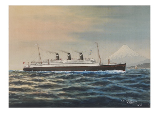 Het stoomschip Belgenland voor de Japanse kust