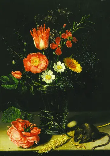 Bloemen in een vaasje met knabbelende muis