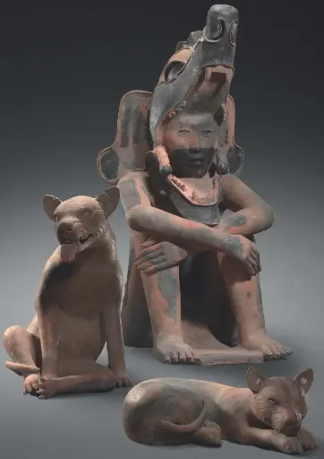 Ensemble van krijger met twee honden